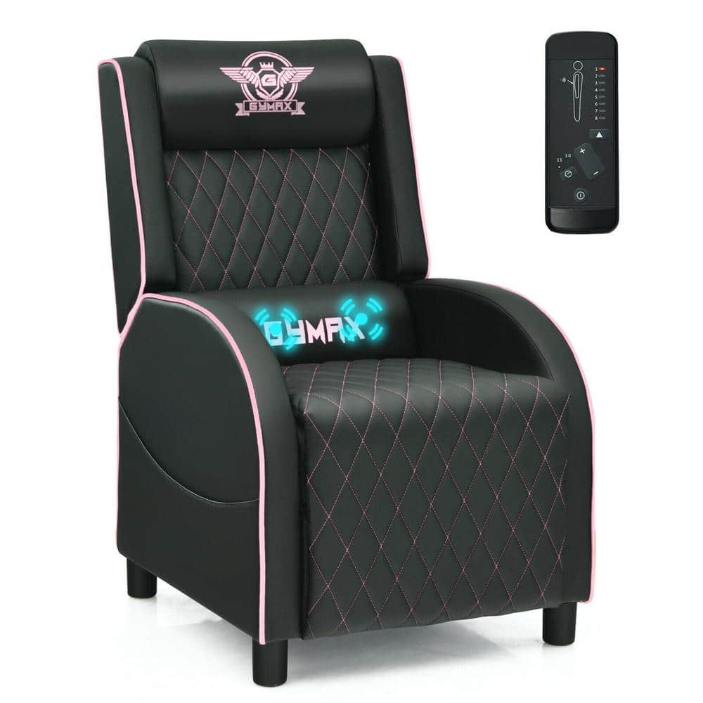 Gymax 24.5 in. W Pink Massage Gaming Recliner Chair Leather Single Sofa Home Theater Seat