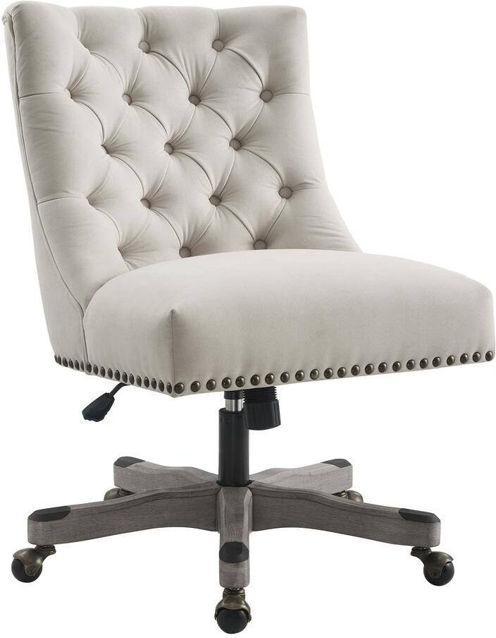 Linon Home Decor Des Natural Office Chair with Greywash Base and Antique Brass Nail Heads