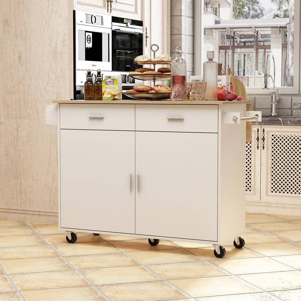 WIAWG 43.3 in. W White Wood Grain Kitchen Bar Serving Cart Dining Table With Drawers, Casters, Swivel Shelves, Towel Rack