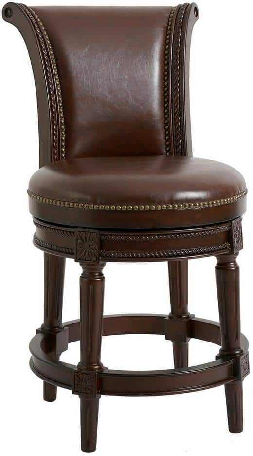 NewRidge Home Goods Chapman 26 in. Distressed Walnut High Back Wood Swivel Counter Stool with Brown Faux Leather Seat, 1-Stool