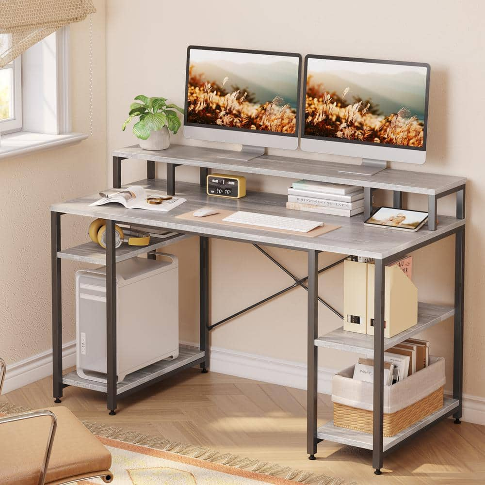 Bestier 55.12 in. Wash White Computer Desk with Monitor Stand