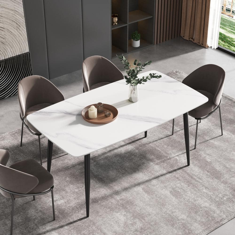 J&E Home 62.99 in. Rectangle White Modern and Minimalist Stone Top Dining Table with Gold Metal Frame (Seats 4-6)