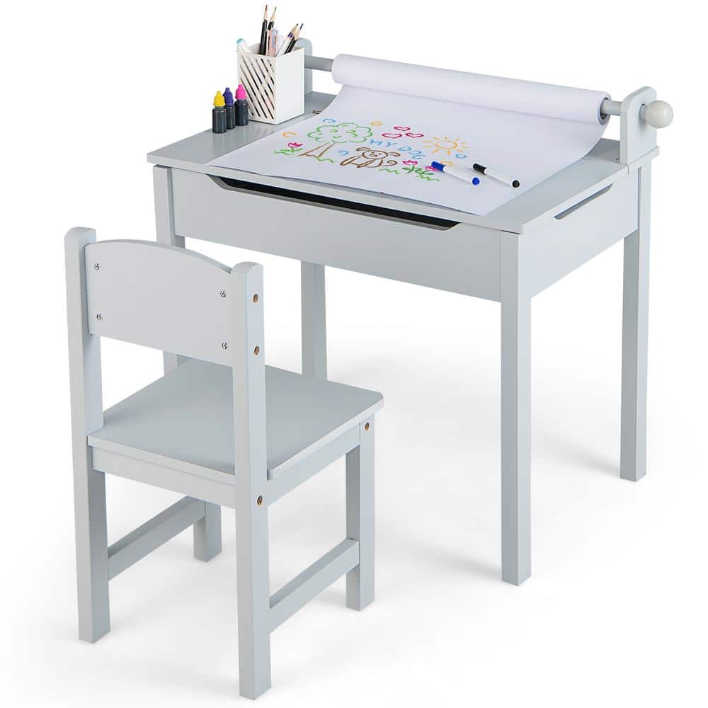 Costway 2-Piece Wood Top Toddler Craft Table and Chair Set Kids Art Crafts Table with Paper Roll Holder Grey