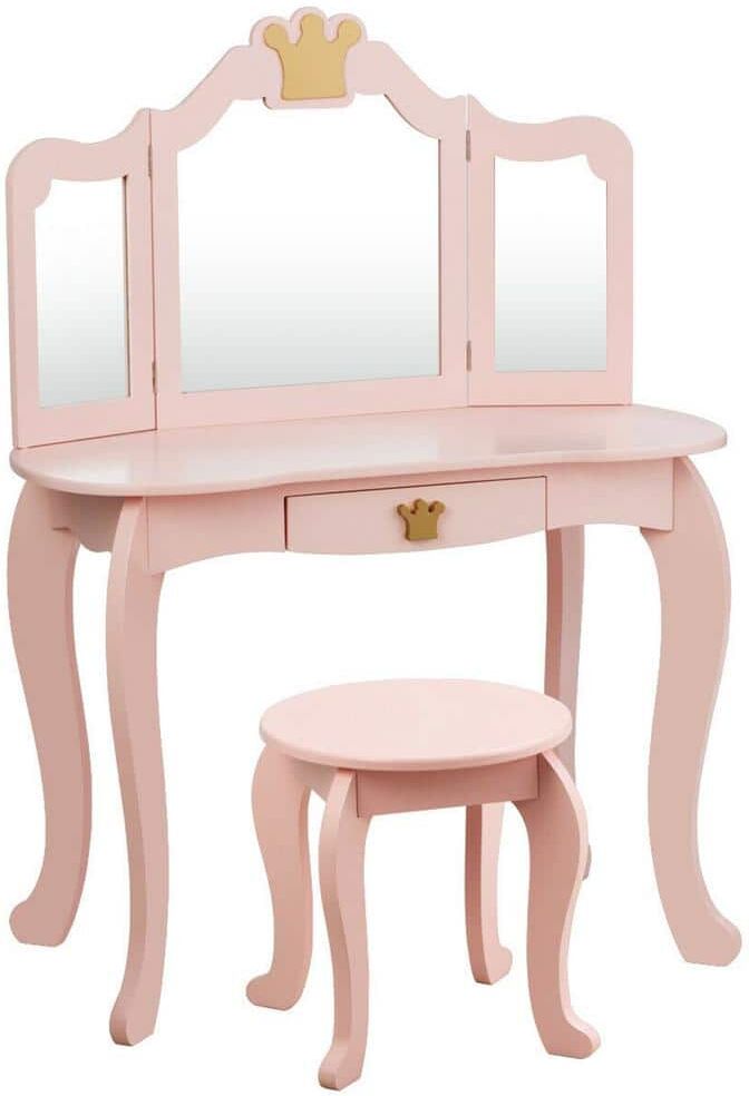 Gymax Kids Makeup Dressing Table Chair Set Princess Vanity and Tri-folding Mirror in Pink