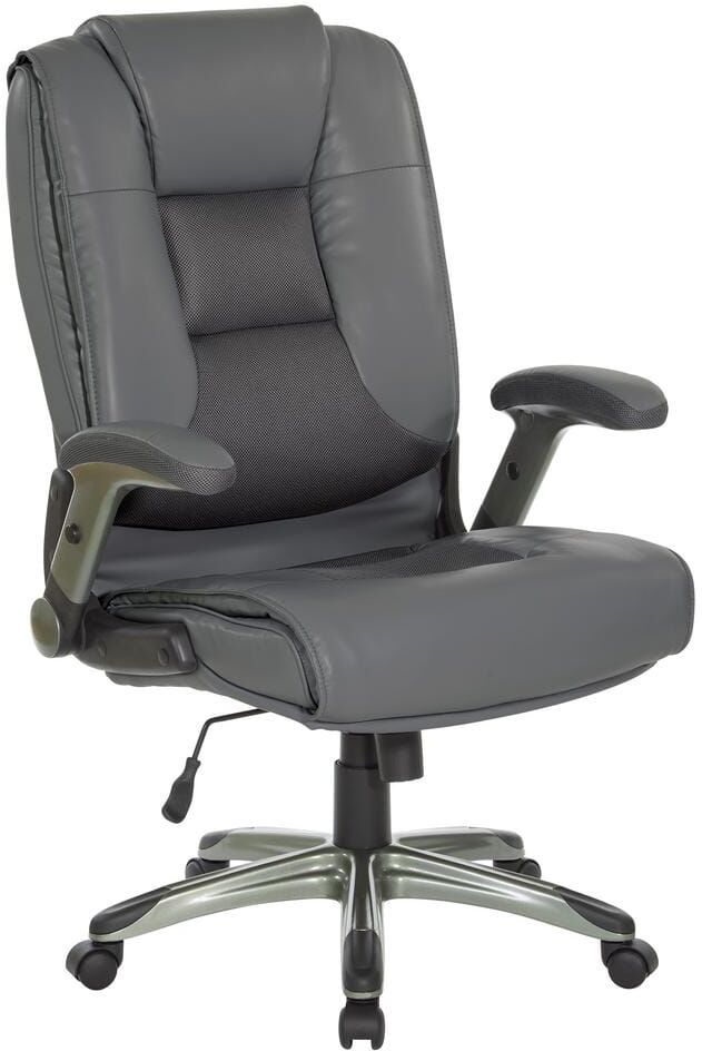 Office Star Products Bonded Leather Adjustable Height Lumbar Support Tilt Ergonomic Executive Chair in Charcoal Gray with Flip Arms