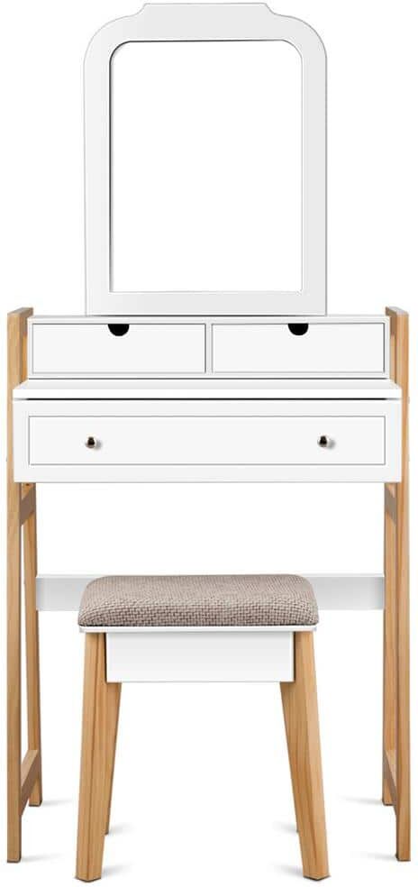 Costway White Makeup Vanity Table Dressing Table Cushioned Stool Set