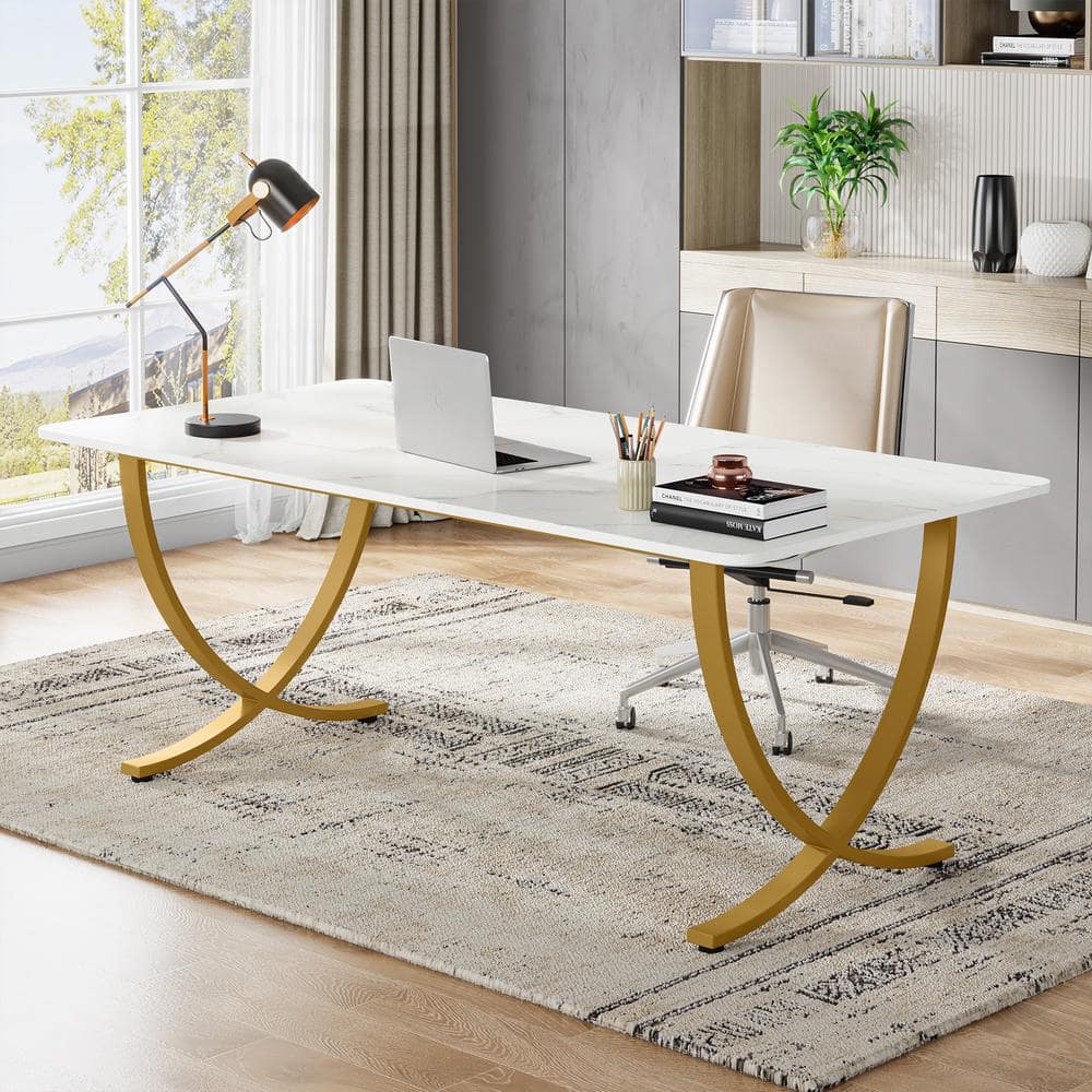 TRIBESIGNS WAY TO ORIGIN Halseey 63 in. Rectangular White Wood Computer Desk with Gold Metal Legs, Modern Study Writing Table Conference Table