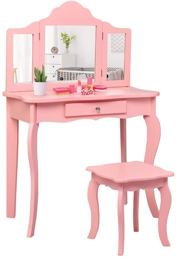 Costway Pink Kids Vanity Table and Stool Princess Dressing Make Up Play Set for Girls Playard