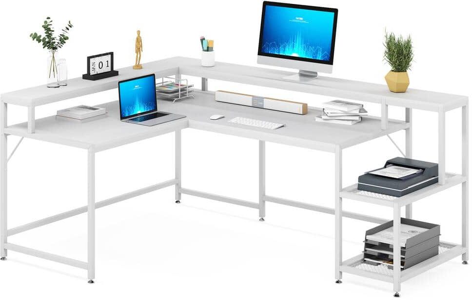 TRIBESIGNS WAY TO ORIGIN Perry 69.09 in. L-Shaped White Reversible Large Corner Computer Writing Desk Monitor Stand Storage Shelf Home Office