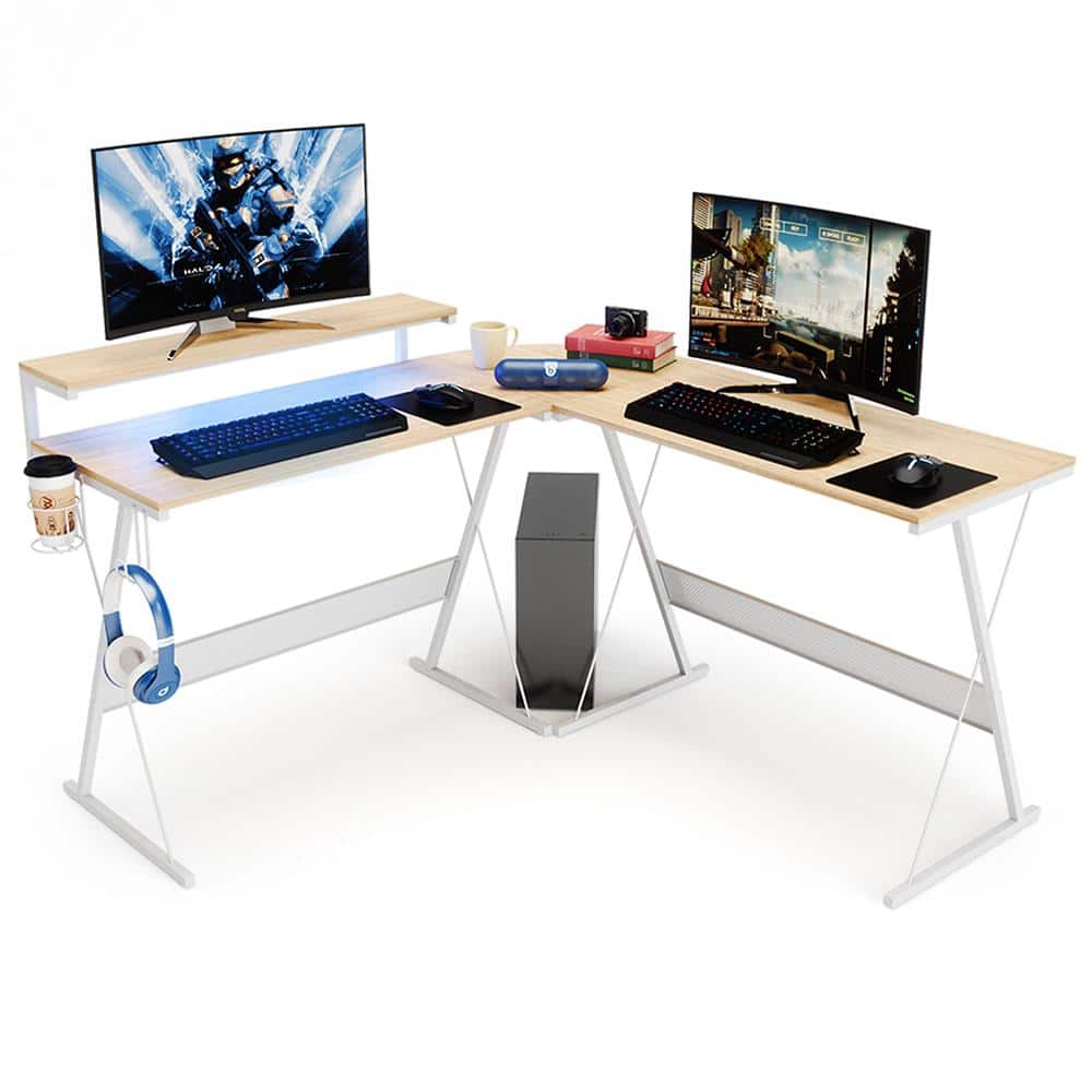 Bestier 55.25 in. Beige Oak L Shaped Gaming Desk with Monitor Stand Reversible Computer Desk