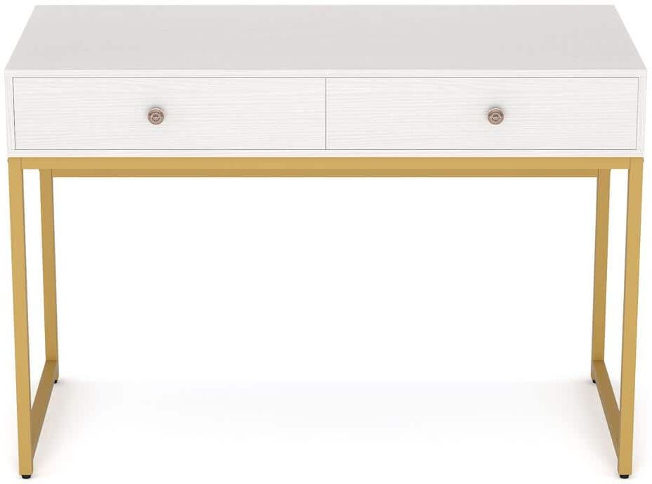 BYBLIGHT Modern 47.24" Rectangle White and Gold Particle board 2 Drawers Writing Desk Computer Desk