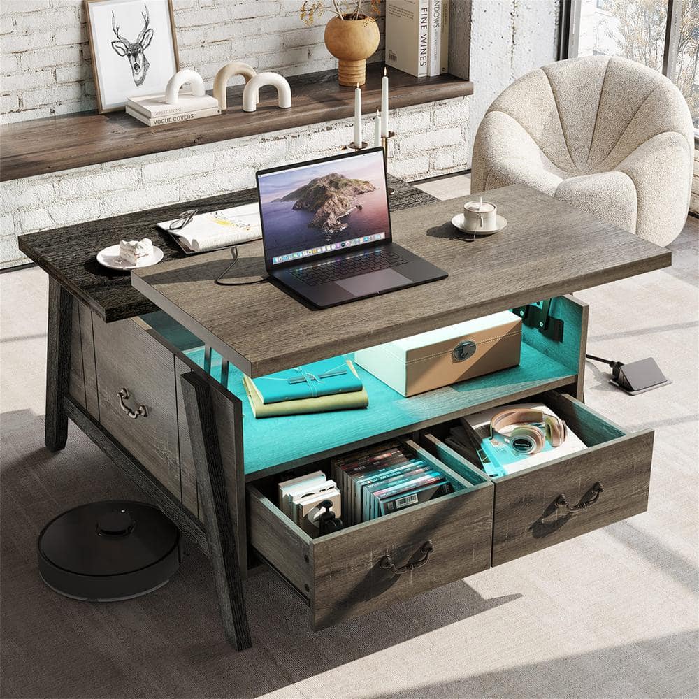 Bestier 35.43 in. Retro Grey Oak-Dark Lift-Top Coffee Table with LED Light, Drawer and Cable Management Hole