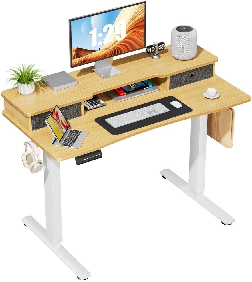 FIRNEWST 48 in. Rectangular Oak Electric Standing Computer Desk with Double Drawers Height Adjustable Sit or Stand Up