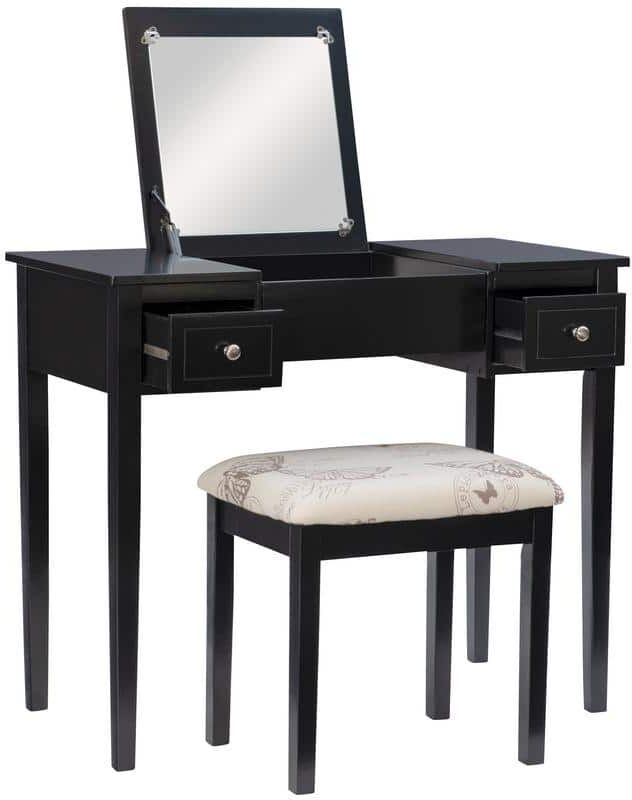 Linon Home Decor Virginia Black Wood Vanity Set with Beige Butterfly Linen Fabric Bench