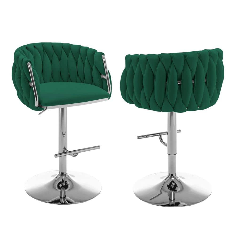 Best Quality Furniture Earl 25 in. 33 in. Upholstered Emerald Green Low Back Metal Frame Adjustable Bar Stool With Velvet Fabric (Set of 2)