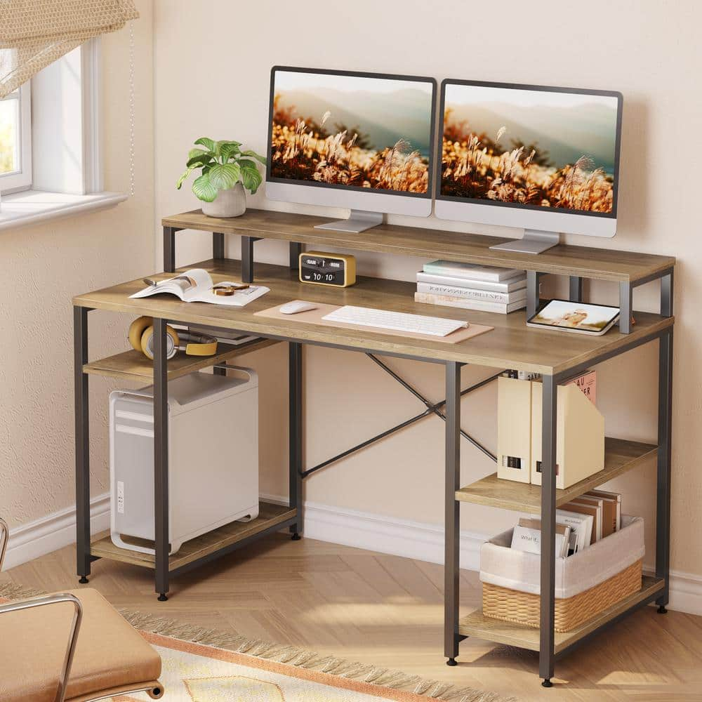 Bestier 55.12 in. Retro Oak Computer Desk with Monitor Stand