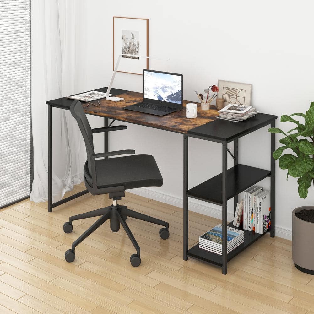 Homy Casa Dembe 55 in. Rectangular Brown/Black Particle Board Computer Writing Desk with 2-Storage Shelves