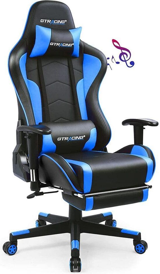 Lucklife Blue Gaming Chair with Footrest, Bluetooth Speakers Ergonomic High Back Music Video Game Chair Leather Office Chair