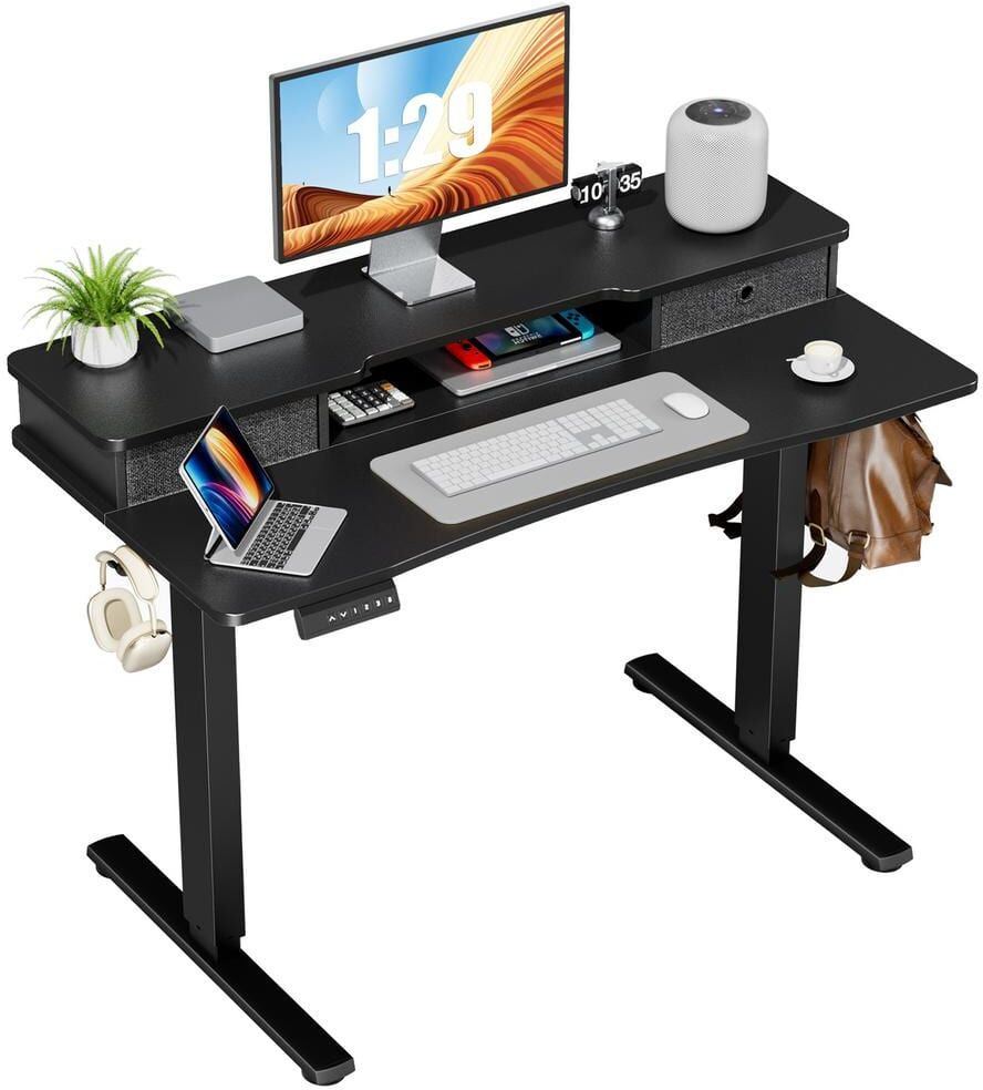 FIRNEWST 48 in. Rectangular Black Electric Standing Computer Desk with Double Drawers Height Adjustable Sit or Stand Up