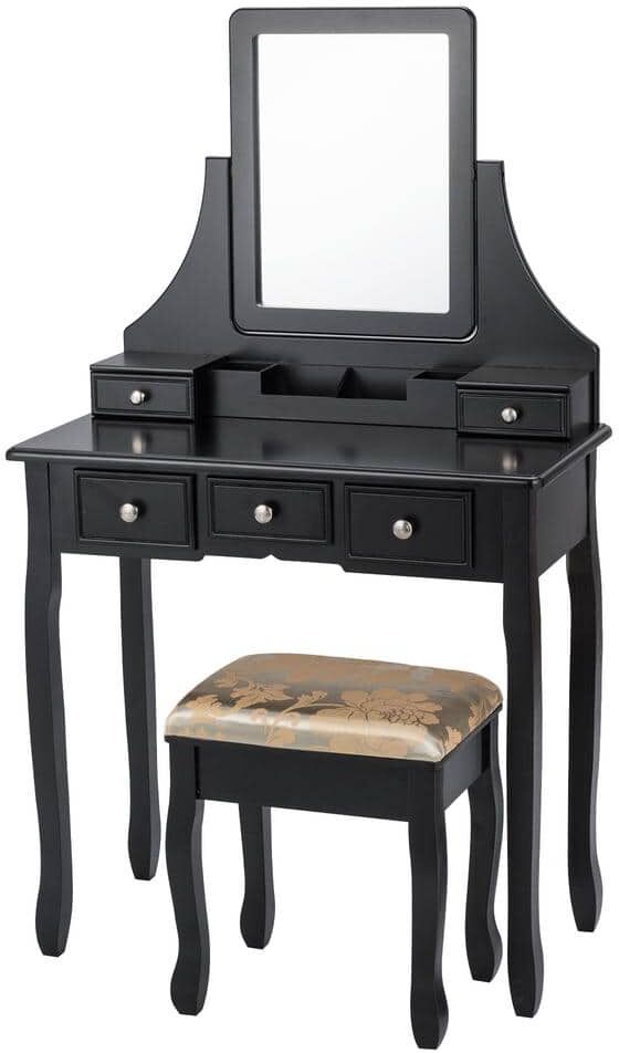 Gymax 31.5 in. W x 16 in. D x 55 in. H Black Vanity Set Makeup Dressing Table and Stool with 5-Drawers