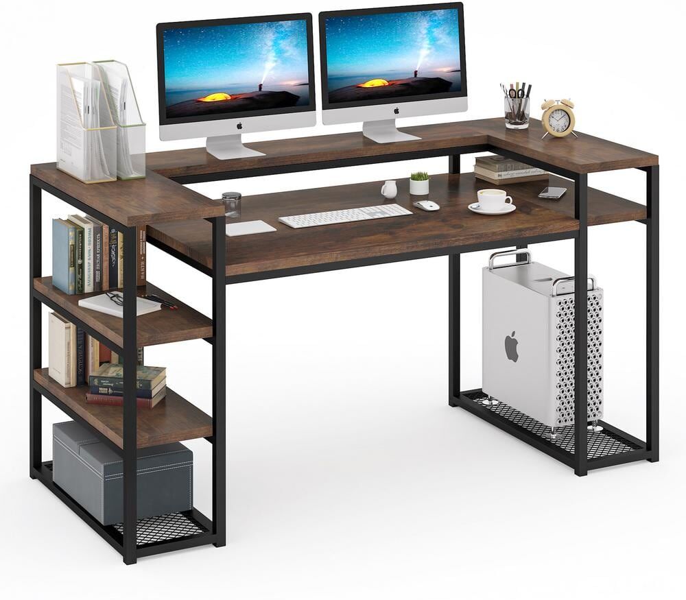 TRIBESIGNS WAY TO ORIGIN Heidi 63 in. Rectangular Black Metal Brown Particle Board Wood Computer Desk with Storage Shelves Monitor Printer Stand