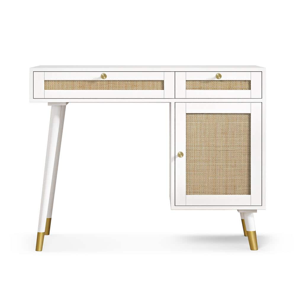Aupodin Farmhouse Rattan 39.4 in. Retangular White/Gold Wood Computer Desk Writing Desk with 2-Drawer and Side Storage