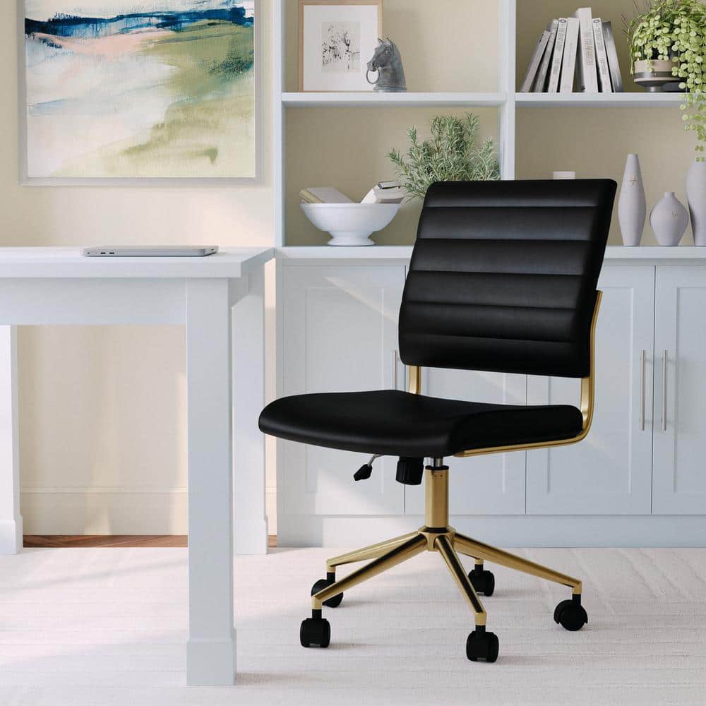 MARTHA STEWART Ivy Faux Leather Adjustable Height with Wheels Office Chair in Black Faux Leather/Polished Brass