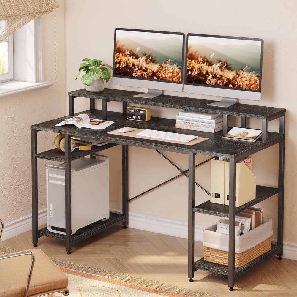 Bestier 55.12 in. Charcoal Computer Desk with Monitor Stand