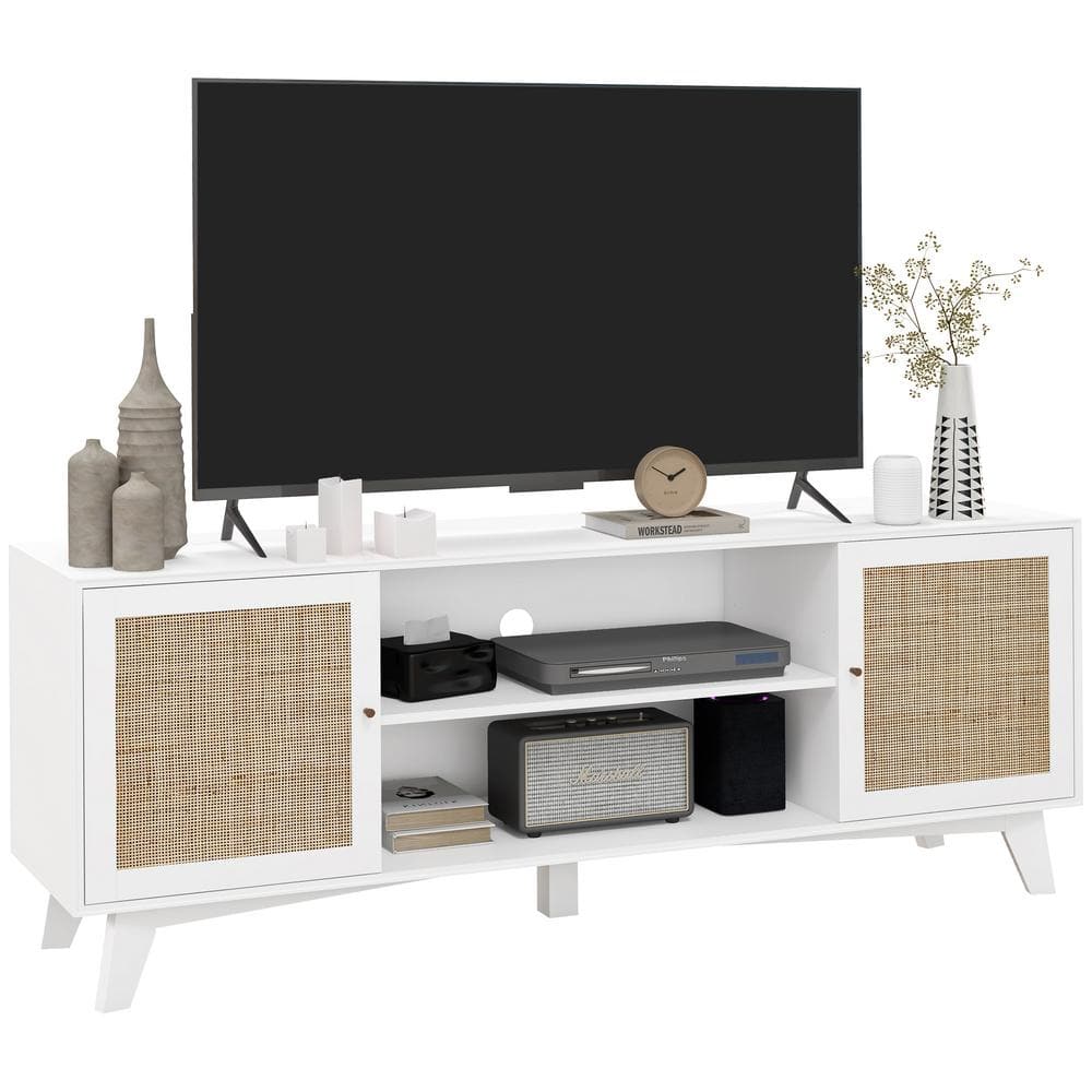 HOMCOM White Boho TV Stand for 65 in. TVs, TV Console Table with Rattan Doors, Adjustable Shelves and a Cord Hole