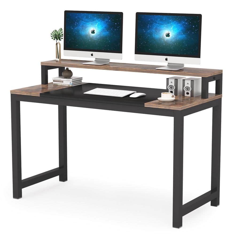 TRIBESIGNS WAY TO ORIGIN Alan 47 in. Rectangular Black Metal and Brown Particle Wood Board Top Computer Desk with Monitor Stand Shelf