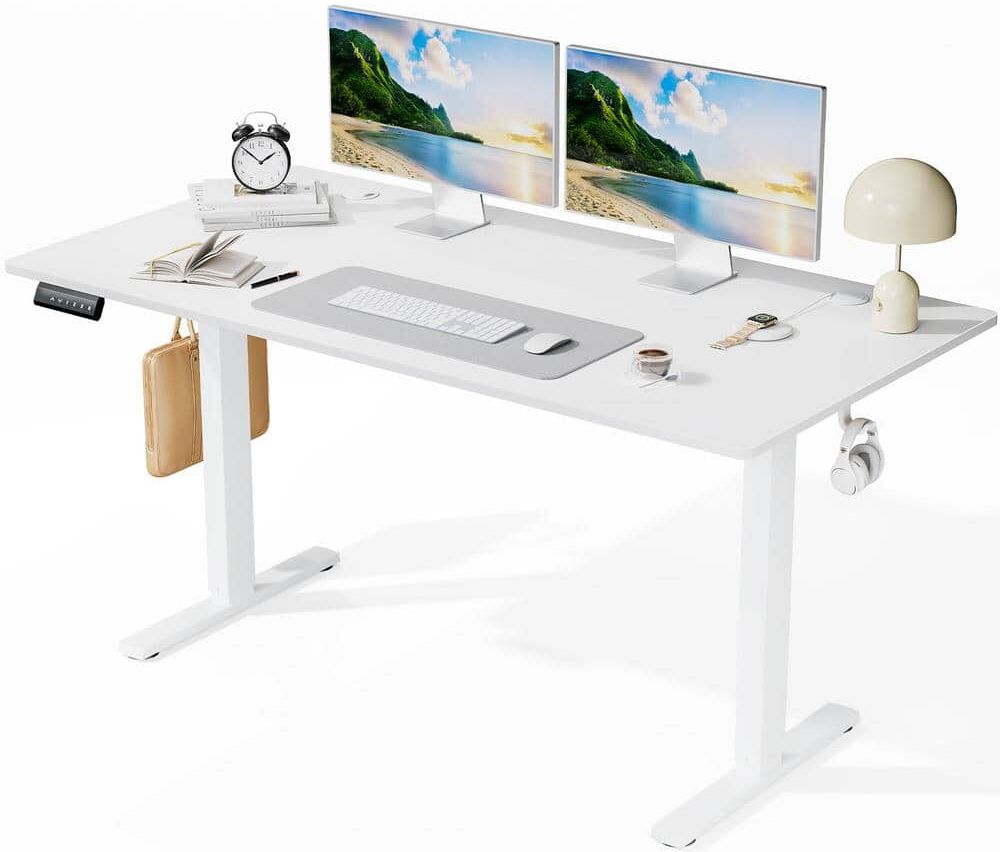 FIRNEWST 63 in. Rectangular White Electric Standing Computer Desk with Whole-Piece Desktop Board Height Adjustable