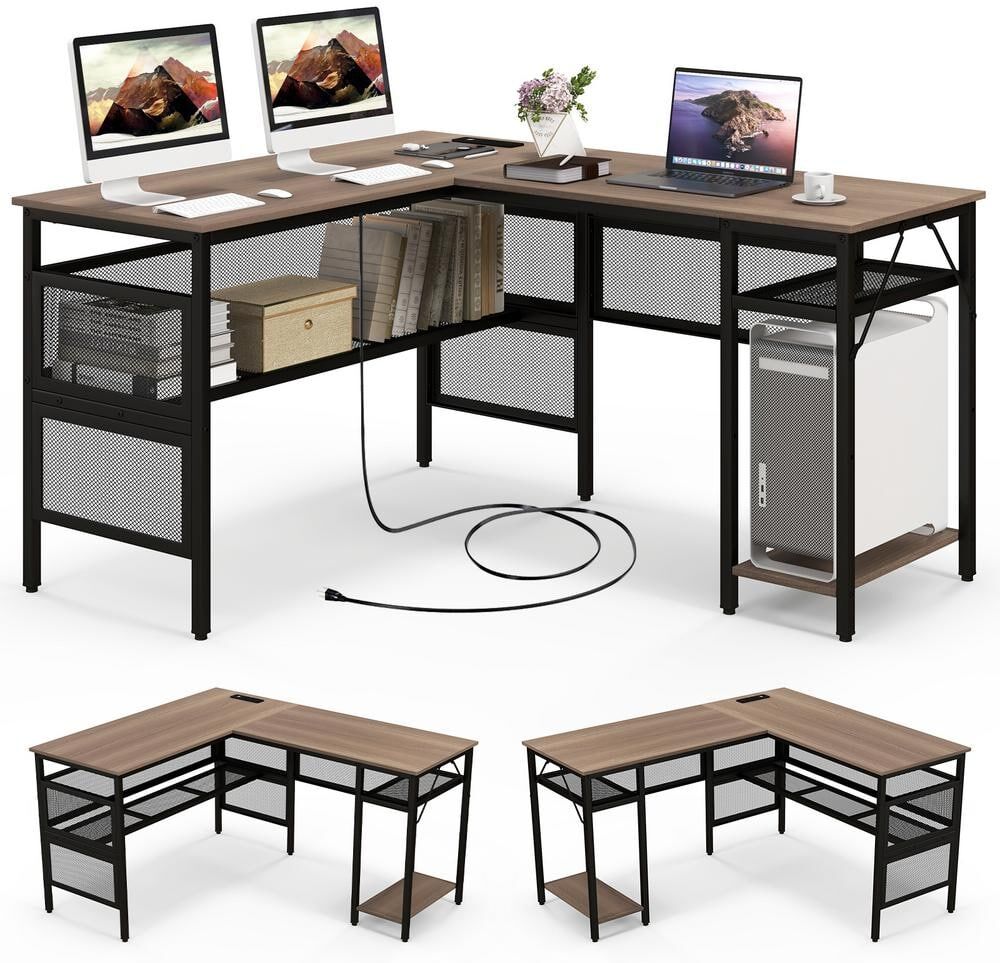 HONEY JOY 55 in. L Shaped Grey Wash Wood Reversible Computer Desk with Charging Station Storage Shelves CPU Stand