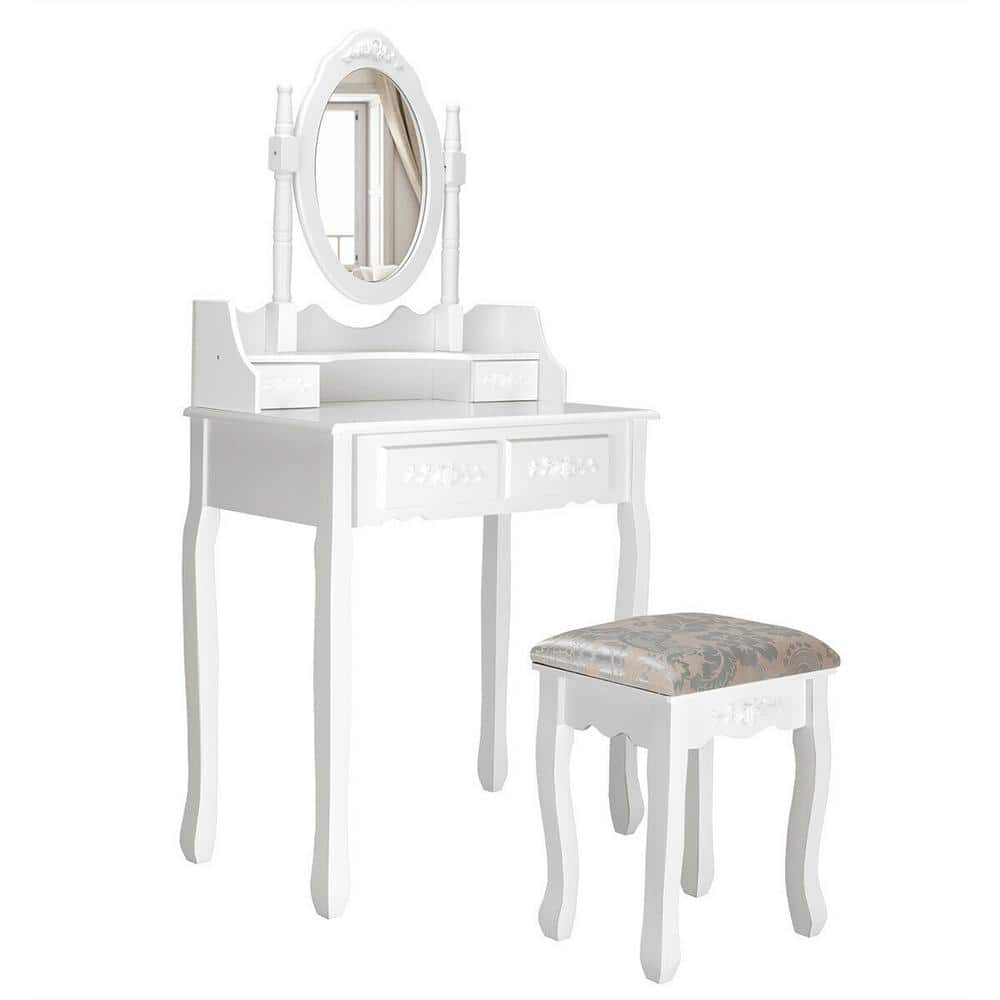 Costway 2-Piece White Vanity Wood Makeup Dressing Table Stool Set Jewelry Desk with 4-Drawer and Mirror