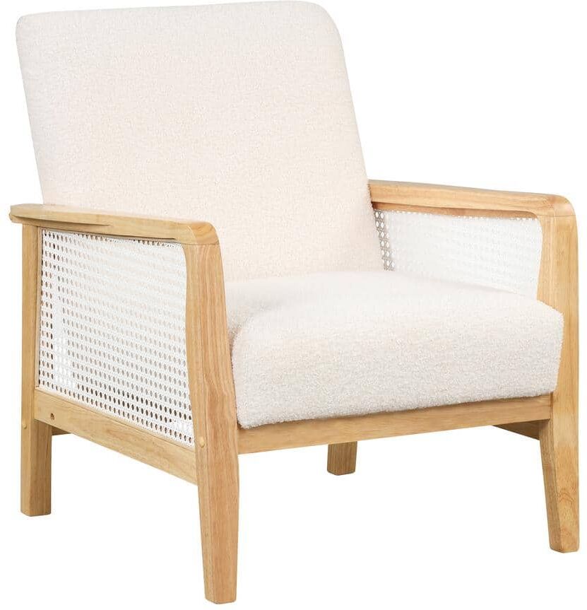 Aoibox 25.90 in. W White Short Plush Velvet Upholstered Armchair Accent Chair with Rattan Mesh and Wooden Frame