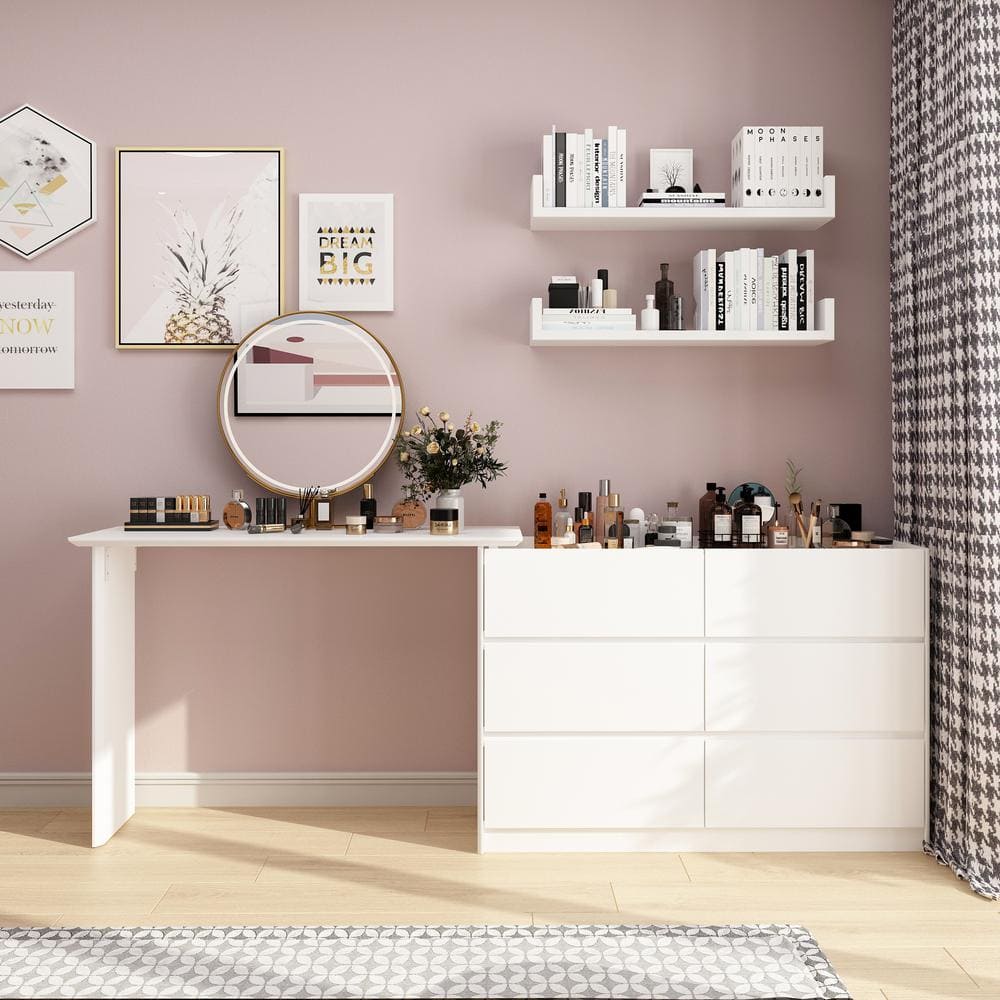 FUFU&GAGA White Makeup Vanity Table Wood Dressing Desk With 6-Drawers, Rotatable Retractable Table