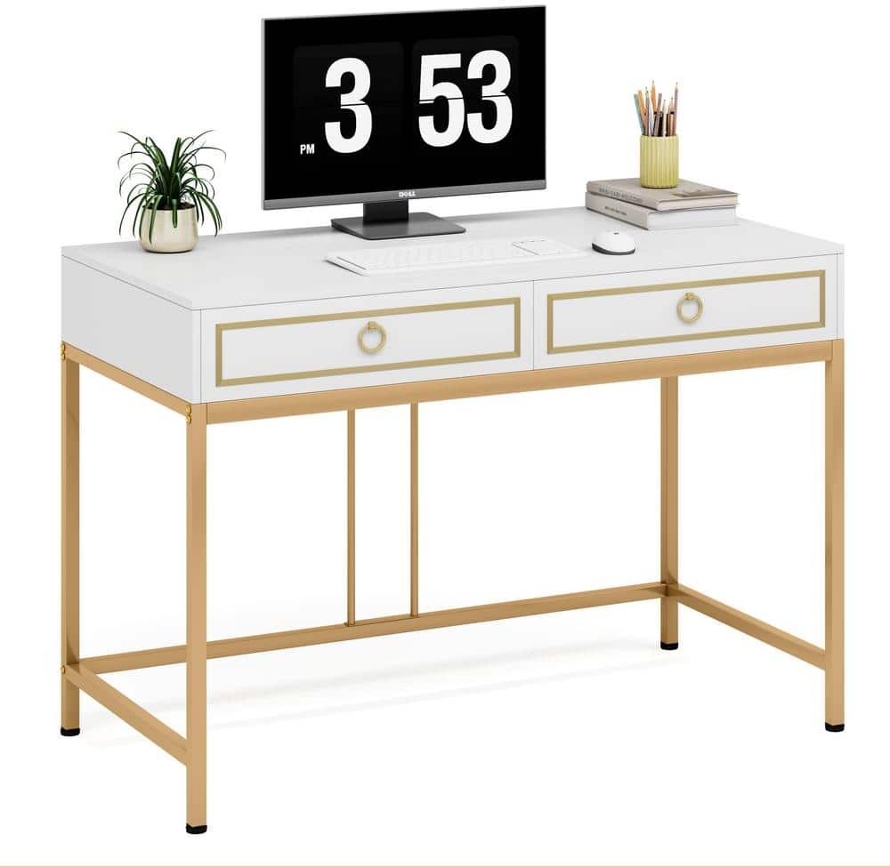 TRIBESIGNS WAY TO ORIGIN Ellie 39.4 in. Width White Gold 2 Storage Drawers Computer Desk Makeup Vanity Console Study Writing Table Home Office