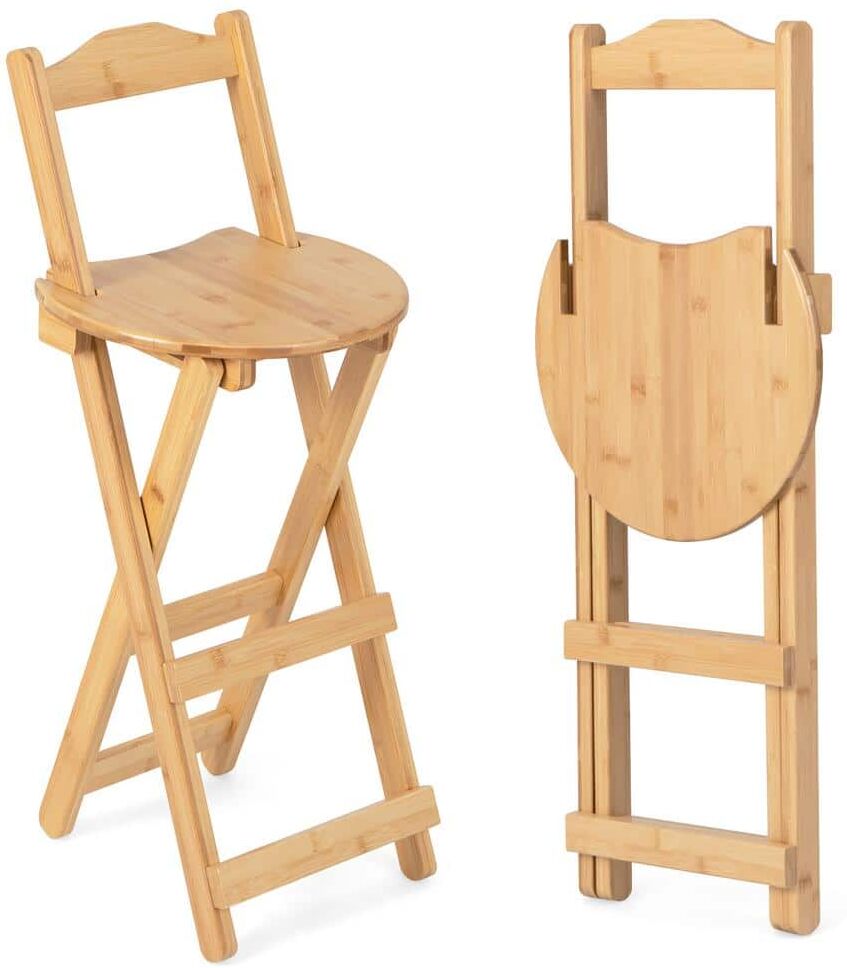 Costway Natural Bamboo Folding Barstools Counter Height Dining Chairs Installation Free Set of 2