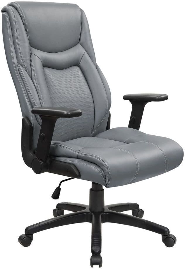 Office Star Products Work Smart Executive Bonded Leather High Back Office Chair with Adjustable Arms In Grey with white Stitching