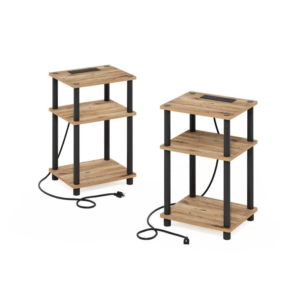 Furinno 13.39 in. Flagstaff Oak/Black Rectangle Wood End Table with USB and Type-C Charging Port (Set of 2)