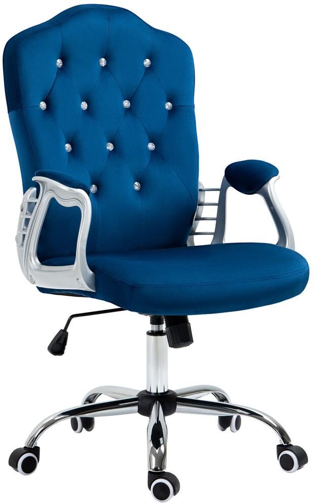 Vinsetto Dark Blue Velvet Home Office Chair, Computer Chair, Button Tufted Desk Chair with Swivel Wheels, Adjustable Height