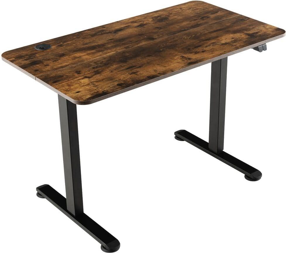 HONEY JOY 44 in. T-shaped Brown Height Adjustable Electric Desk Sit to Stand Desk with Splice Board Management Hole