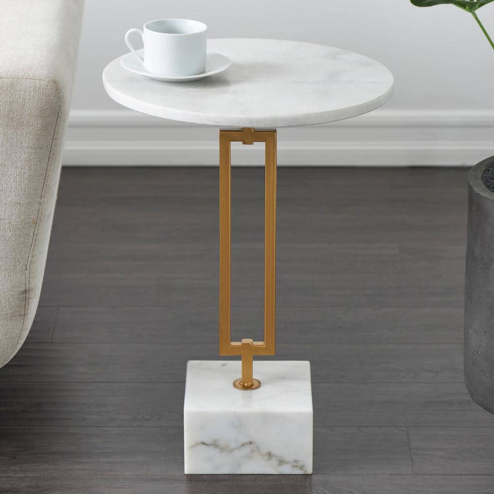 Litton Lane 16 in. White Geometric Large Round Marble End Table with Gold Metal Rectangular Stand