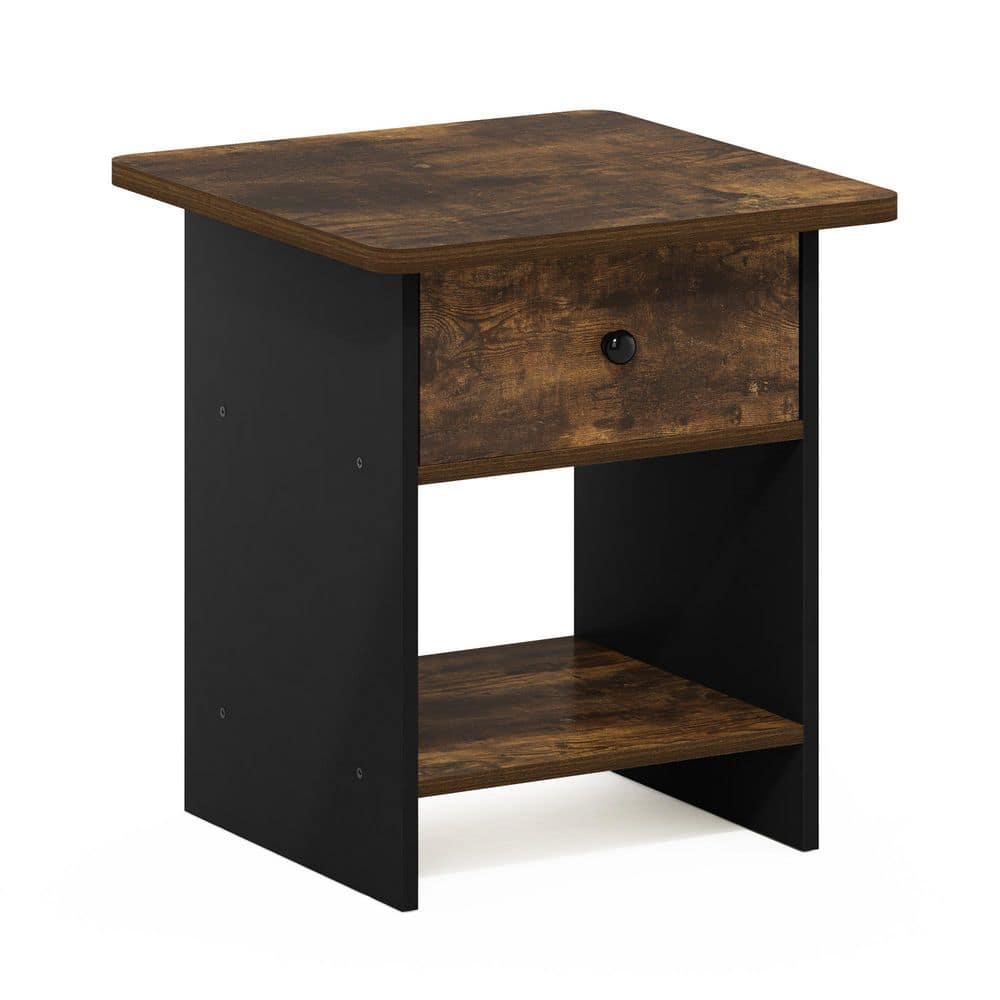 Furinno Dario 15.55 in. Amber Pine/Black Square Wood Storage Shelf End Table with Bin Drawer