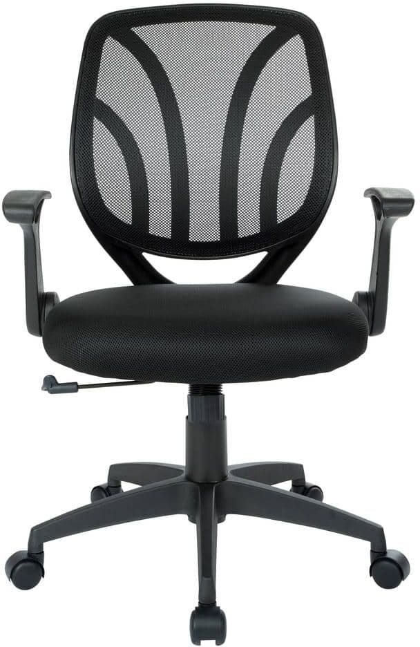 Office Star Products Black Mesh Screen Back Chair with Flip Arms and Silver Accents