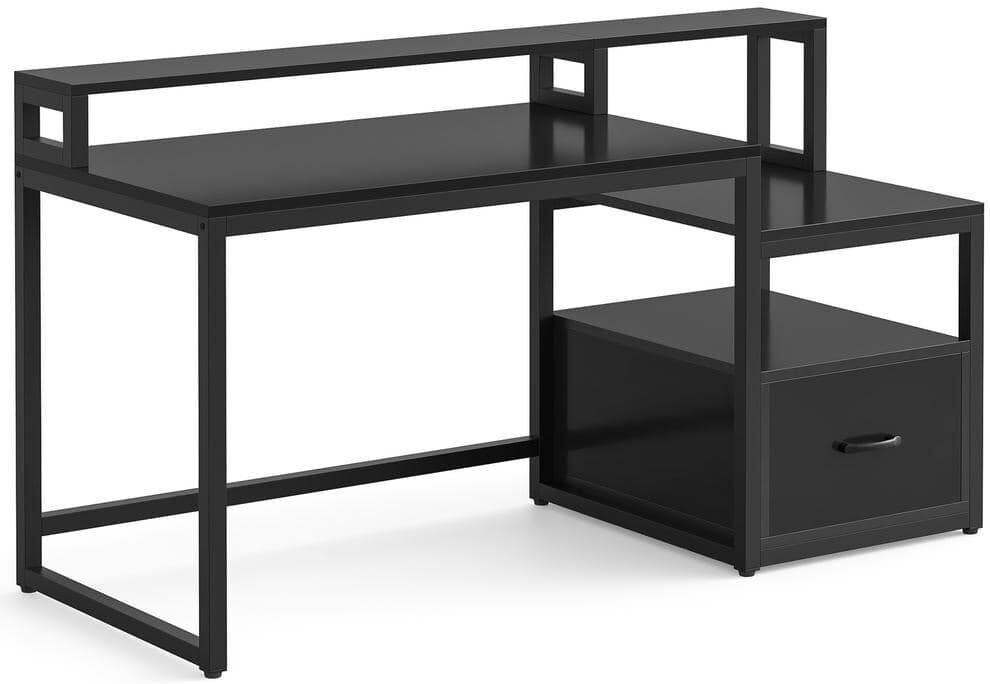 TRIBESIGNS WAY TO ORIGIN Halseey 59 in. Rectangular Black Particle Board One Drawer Reversible Computer Desk with Monitor Stand and Storage Shelf