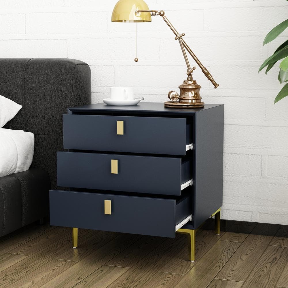 FUFU&GAGA Black 3-Drawers 19.6 in. Width x 21.3 in. Height Wooden Nightstand, Bed Side Table with Golden Legs for Bedside Storage