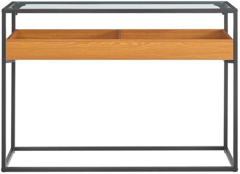 DANYA B Saarinen 15.875 in. x 43.625 in. Golden Oak Two-Level Modern Sunken Glass Display Shelf Rectangle MDF Console Table