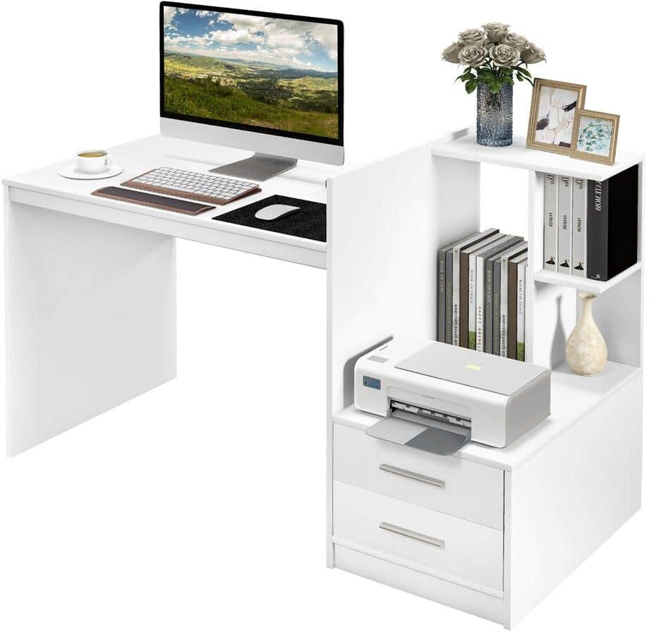 Costway 51 in. Computer Desk Laptop Table 2-Drawer Writing Study Desk Home Office with Bookshelf