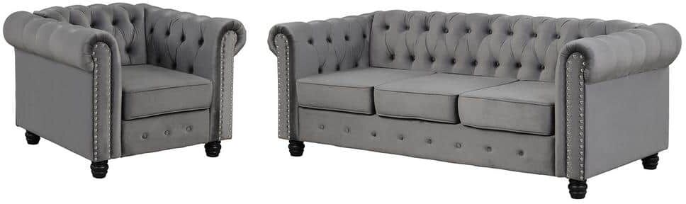 Morden Fort Velvet Couches for Living Room Sets, Chair and Sofa 2 Pieces Top in Gray