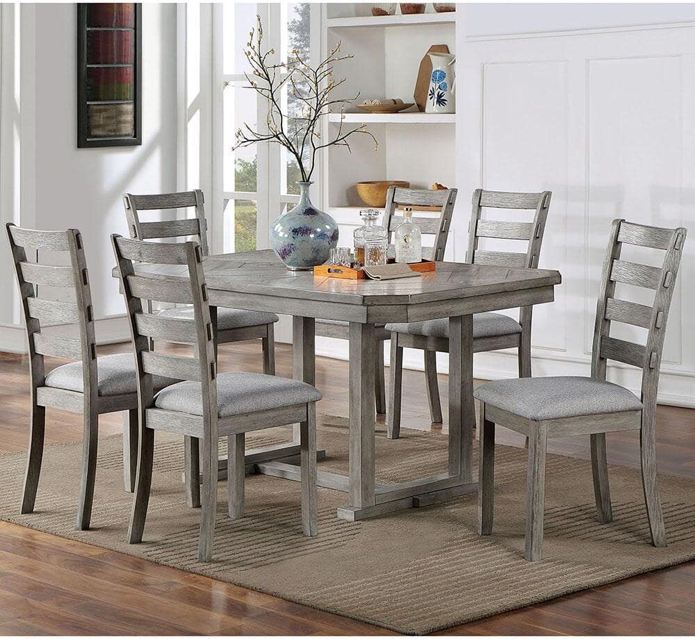 Furniture of America Truchas 7-Piece Gray with Care Kit Wood Top Dining Table Set